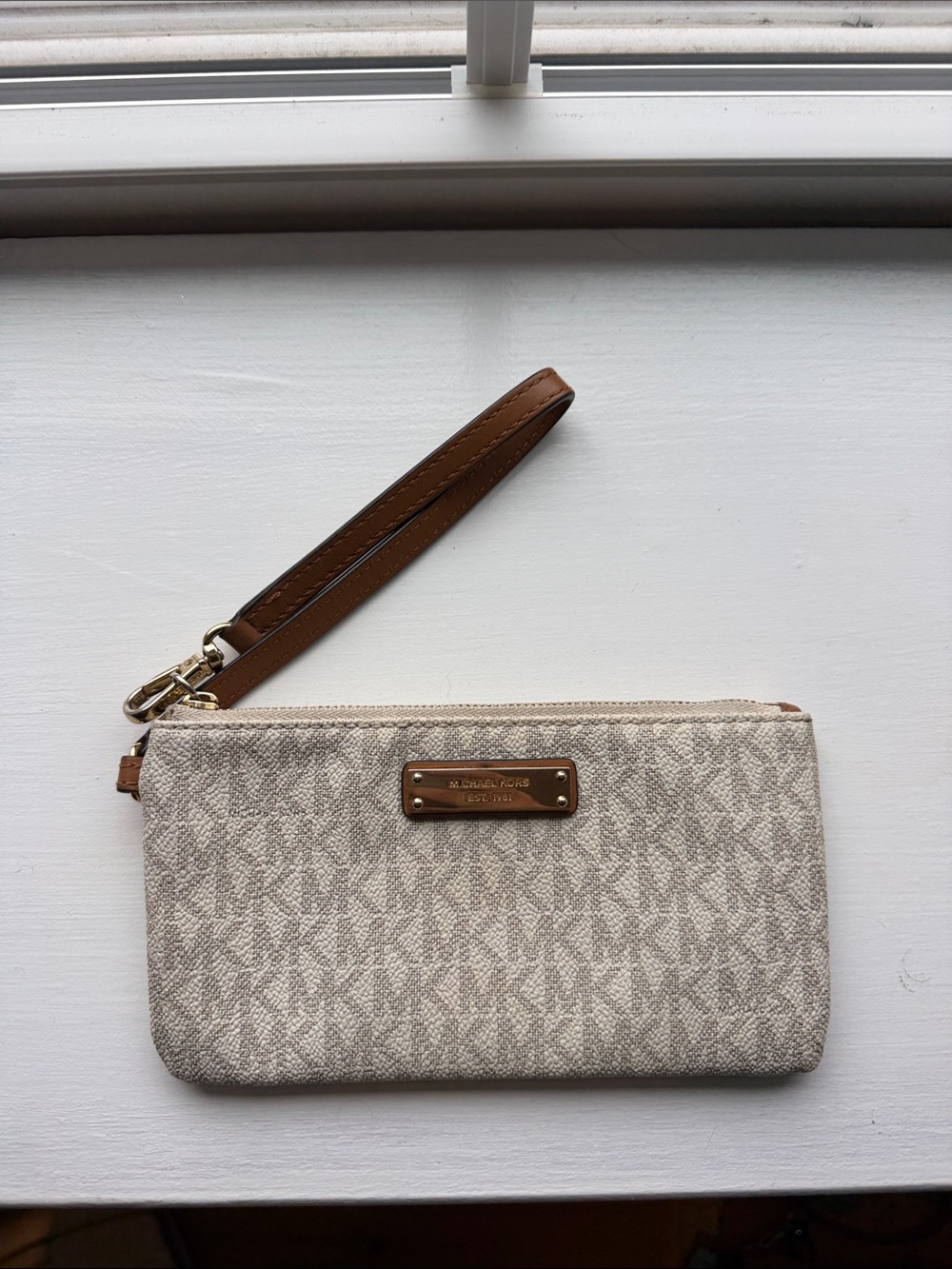 Michael Kors Beige Logo Wristlet with Brown Leather Strap